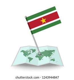Map with flag of Suriname isolated on white. National flag for country of Suriname isolated, banner for your web site design logo, app, UI. check in. map Vector illustration, EPS10.