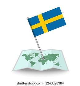Map with flag of Sweden isolated on white. National flag for country of Sweden isolated, banner for your web site design logo, app, UI. check in. map Vector illustration, EPS10.