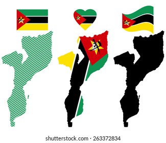 map flag and symbol of Mozambique on a white background 