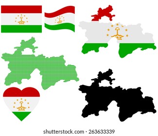 map flag and symbol of Tajikistan on a white background