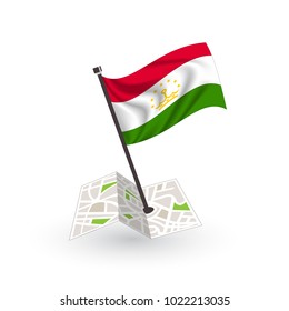 Map with flag of Tajikistan isolated on white. National flag for country of Tajikistan isolated, banner for your web site design logo, app, UI. check in. map Vector illustration, EPS10.