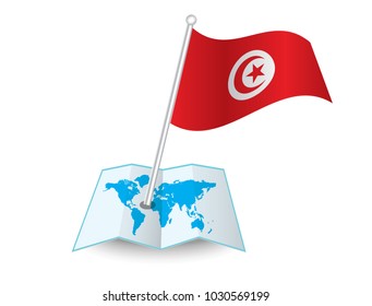 Map with flag of Tunisia isolated on white.
 National flag for country of Tunisia isolated,
 banner for your web site design logo, app, UI. check in. map Vector illustration, EPS10.