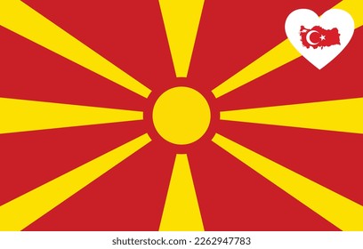 Map flag of Turkey inside a white heart shape on the flag of North Macedonia
