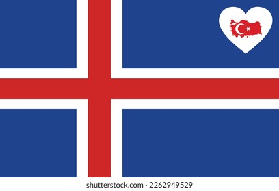 Map flag of Turkey inside a white heart shape on the flag of Iceland