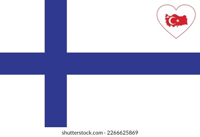 Map flag of Turkey inside a white heart shape on the flag of Finland