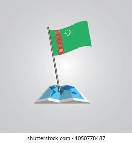Map with flag of Turkmenistan isolated on white. National flag for country of Turkmenistan isolated, banner for your web site design logo, app, UI. check in. map Vector illustration, EPS10.