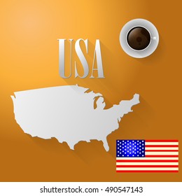 The map and the flag of the United States on an orange background, vector illustrations.