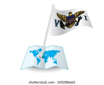 Map with flag of United States Virgin Islands isolated on white.
 National flag for country of United States Virgin Islands isolated,
 banner for your web site design logo, app, UI.check in. map 