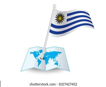 Map with flag of Uruguay isolated on white. National flag for country of Uruguay isolated, banner for your web site design logo, app, UI. check in. map Vector illustration, EPS10.