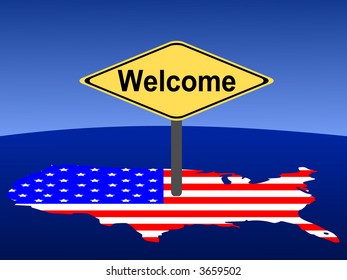 map and flag of USA with giant welcome sign