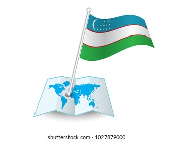 Map with flag of Uzbekistan isolated on white. National flag for country of Uzbekistan isolated, banner for your web site design logo, app, UI. check in. map Vector illustration, EPS10.