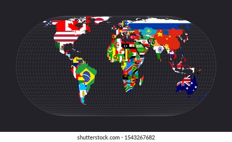 Map with flags of all countries of the world. Herbert Hufnagel's pseudocylindrical equal-area projection. Map of the world with meridians on a dark background. Vector illustration.