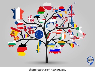 Map flags of europe in tree design. Vector illustration.