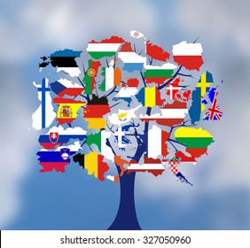 Map flags of europe in tree design. Vector illustration.