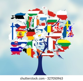 Map flags of europe in tree design. Vector illustration.