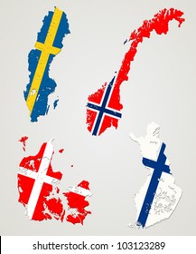 Map and flags of four major nordic countries. Norway, Sweden, Finland and Denmark.