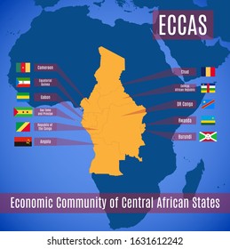 Map And Flags Member States Of The Economic Community Of Central African States (ECCAS).