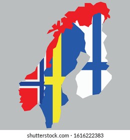 Map with flags over Nordic countries Sweden, Norway and Finland.