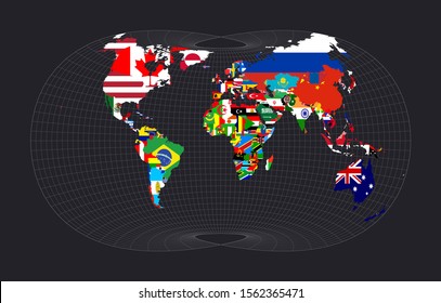 Map with flagsofallcountries of the world. Laskowski tri-optimal projection. Map of the world with meridians on dark background. Vector illustration.