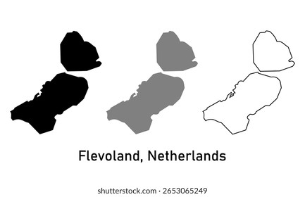 Mapa de Flevoland, província dos Países Baixos sobre um fundo branco. Mapear em vários estilos de contorno, preto e cinza
