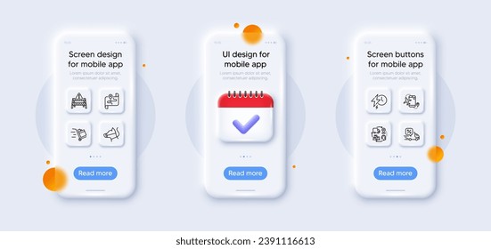 Map, Flights application and Dog leash line icons pack. 3d phone mockups with calendar. Glass smartphone screen. Supply chain, Warning road, Push cart web icon. Vector