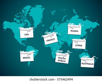 Map of flights. Selected United states (USA), France, Brazil, Russia, China, South Africa, Australia. Plane.
