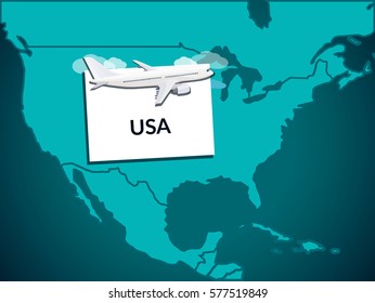 Map. Flights to the USA. USA marked on the map. Plane
