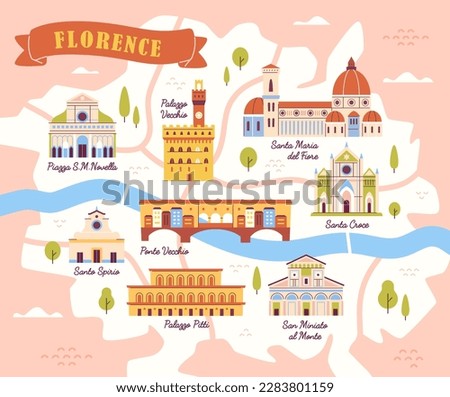 Map of Florence. Plan of Italian city with sights. Tourism and travel. Traditiopnal buildings and architecture, landmarks. Santa Maria del Fiore, Ponte Vecchio. Cartoon flat vector illustration