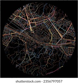 Map of Florence, Tuscany with all major and minor roads, railways and waterways. Colorful line art on black background.