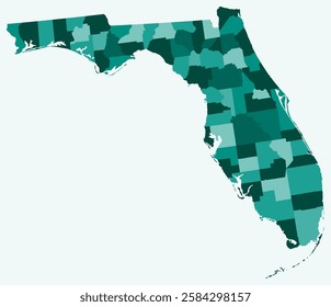 Map of Florida with counties. Just a simple state border map with county division. Teal color palette. Flat State of Florida shape with administrative division. Vector illustration.