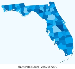 Map of Florida with counties. Just a simple state border map with county division. Light blue color palette. Blank State of Florida shape with administrative division. Vector illustration.