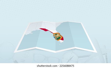 Map of Florida with the flag of Florida in the contour of the map on a trip abstract backdrop. Travel illustration.