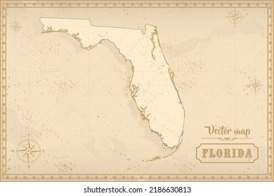 Map of Florida in the old style, brown graphics in retro fantasy style