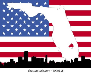 mapa da flórida sobre bandeira americana com horizonte de Miami