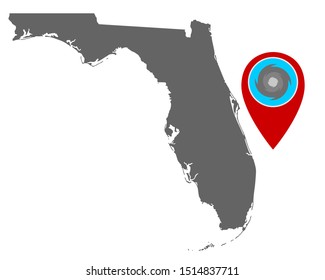 Map of Florida and pin with hurricane warning