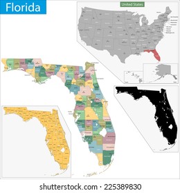 Map of Florida state designed in illustration with the counties and the county seats.