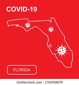 Map of Florida State labeled "COVID-19". White outline map on a red background. Vector illustration of a virus, coronavirus, epidemiology.