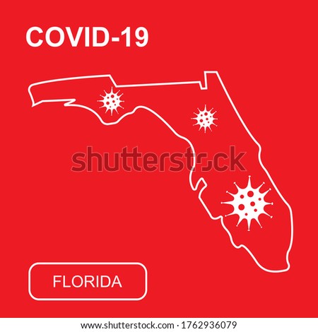 Map of Florida State labeled "COVID-19". White outline map on a red background. Vector illustration of a virus, coronavirus, epidemiology.