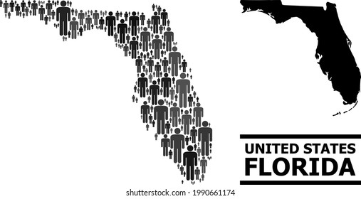 Map of Florida State for national agitprop. Vector demographics abstraction. Concept map of Florida State made of social icons. Demographic concept in dark gray color tinges.