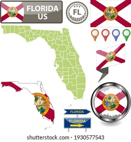 Map of Florida state, US with flag and counties. Vector image