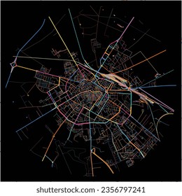 Map of Foggia, Apulia with all major and minor roads, railways and waterways. Colorful line art on black background.