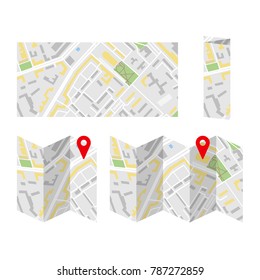 Map folded and unfolded set. Vector cartoon flat style illustration isolated on white.