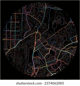 Map of Folsom, California with all major and minor roads, railways and waterways. Colorful line art on black background.