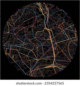 Map of Fontenay-sous-Bois, Val-de-Marne with all major and minor roads, railways and waterways. Colorful line art on black background.