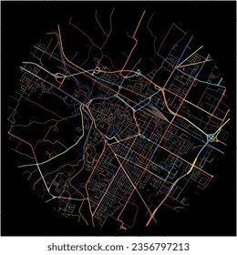 Mapa de Forli, Emilia-Romaña con todas las carreteras principales y menores, ferrocarriles y vías fluviales. Coloridas líneas de arte sobre fondo negro.