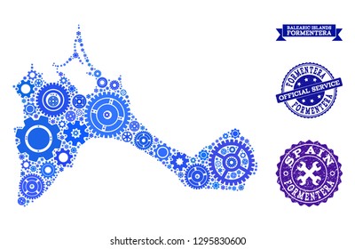 Map of Formentera Island composed with blue wheel symbols, and isolated rubber stamps for official repair services.