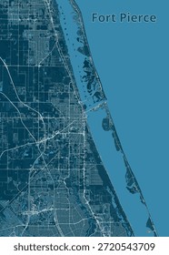 Map of Fort Pierce, Florida, is presented in shades of blue. The city's layout is depicted with fine white lines representing streets and roads.