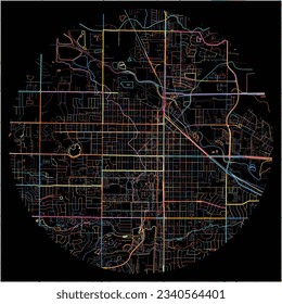 Map of FortCollins, Colorado with all major and minor roads, railways and waterways. Colorful line art on black background.