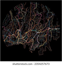 Map of Fort-de-France, Martinique with all major and minor roads, railways and waterways. Colorful line art on black background.