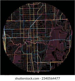 Map of FortLauderdale, Florida with all major and minor roads, railways and waterways. Colorful line art on black background.